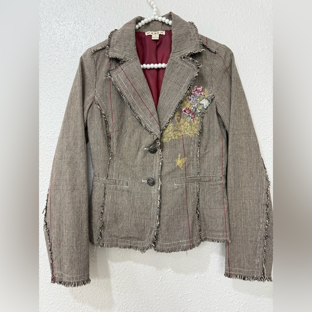 Tan Sport Womens Blazer Embroidered Floral Jacket Frayed Edge Size S Small - Picture 3 of 11